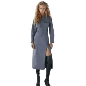 Zara Gray Blue Button Up Midi Length Shirt Dress Size Small